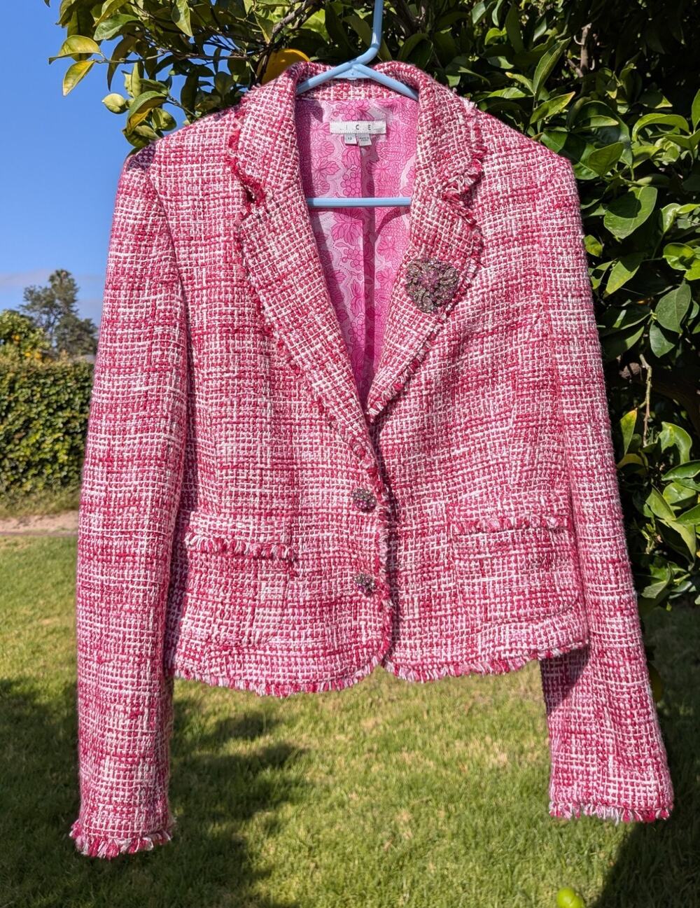 Pink Silk Tweed Blazer 12 W/Matching Brooch & Buttons Whimsigoth Coquette